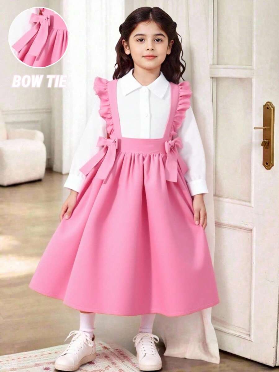 Young Girl' Casual Elegant Light Pink Ruffle Pinafore Dress Set,Collared Shirt,Autumn Career Day Back-To-School,Waist Tied With 2 Bows Shirt Dress - Pink - View 1