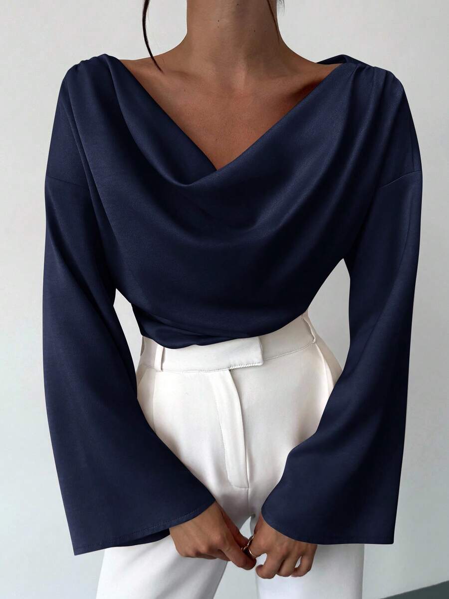 Firerie 杏色船领喇叭袖收腰OL衬衫，简约优雅日常通勤缎面不对称褶皱领喇叭袖女式衬衫，时尚办公室着装，优雅女式衬衫