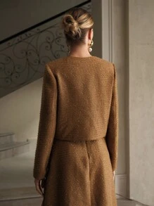 ZEYLAH Áo khoác dài tay cổ tròn thêu thanh lịch - màu nâu - Xem 3
