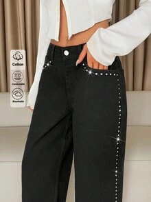 EURMUSE Women's Washed Black Extra Long Straight Leg Jeans With Side Stud Detail For A Casual Look - Black - View 2
