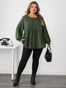 SHEIN CURVE+ Áo thun nữ cỡ lớn, viền bèo nhún, thường ngày, Thu/Đông/Thu/Đông - màu xanh lá - Xem 6