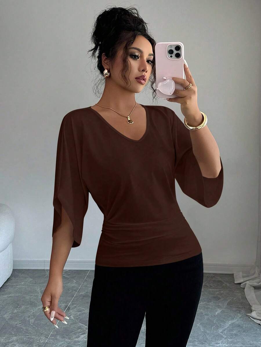 Elenzga Women's Casual Batwing Sleeve V-Neck Solid Color Fitted Short Sleeve T-Shirt - Coffee Brown - View 1