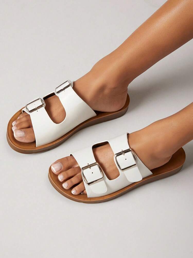 Curve Toe Double Buckle Wide Fit Flat Sandals