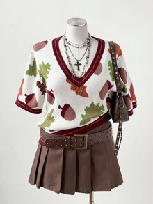 Sunspun Women Plus Knitted Leaf Pattern Short Sleeve Knit Top, New Autumn/Winter Design, Fall Top - Multicolor - View 6