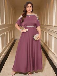 SHEIN Clasi Plus Size Rhinestone Decor Off-Shoulder Elegant Solid Color Dress