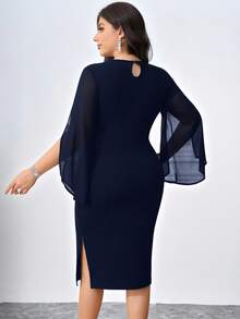 Chikora 大码优雅派对亮片装饰斗篷袖合身连衣裙 - 藏蓝色 - 查看 2