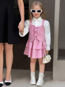 SHEIN Elladie kids 3件套女童时尚蝴蝶结装饰吊带背心搭配白色长袖衬衫和可爱粉色裙子，秋冬套装 - 杏色 - 查看 1