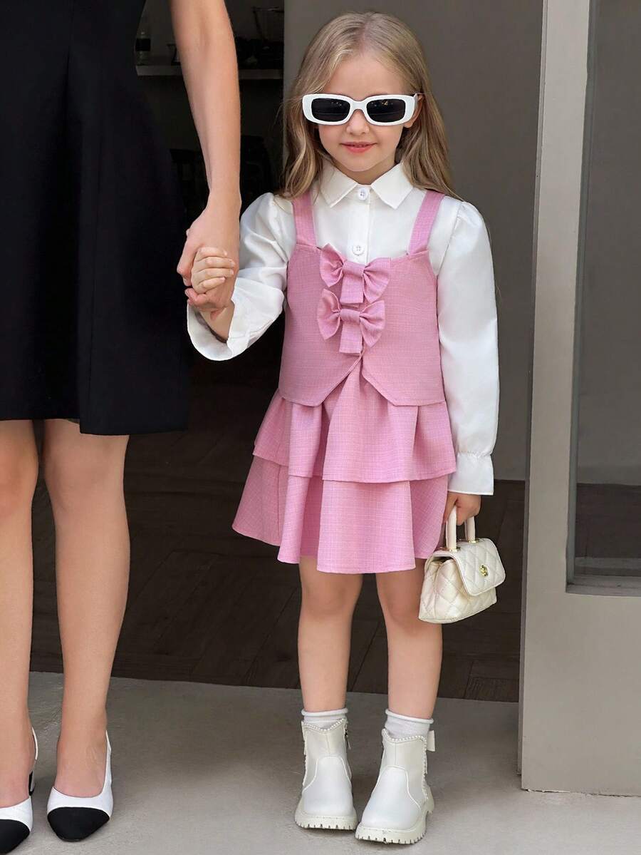 SHEIN Elladie kids 3件套女童时尚蝴蝶结装饰吊带背心搭配白色长袖衬衫和可爱粉色裙子,秋冬套装 - 杏色 - 查看 1
