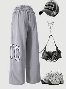 SHEIN Explorewe 少女字母印花松紧腰口袋阔腿宽松休闲运动裤 - 灰色 - 查看 2