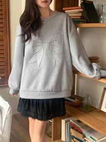DAZY 女士斜肩蝴蝶印花休闲韩版长袖不对称肩部运动衫秋冬 - 灰色 - 查看 5