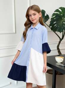 SHEIN Tween 女童休闲纯色褶皱拼布荷叶边荷叶边袖修身连衣裙，返校日日常穿着