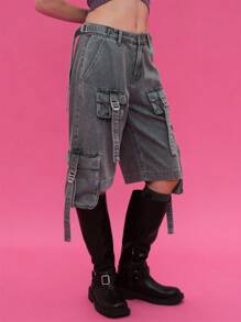 COUREZ Low Rise Utility Cargo Jorts /Y2K Going Out Spring Cargo Jeans - Baby Blue - View 5