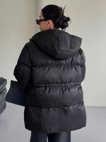 DAZY 休闲字母印花连帽宽松女士棉服外套冬季夹克 - 黑色 - 查看 2