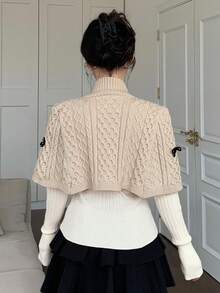 DAZY 女士秋冬花卉格子图案蝴蝶结装饰高领套头衫 针织套头衫 - 杏色 - 查看 3