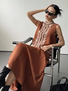 DAZY 女士夏季休闲刺绣领无袖上衣和半裙两件套家居服套装，女士短款套装 - 亮橙色 - 查看 1