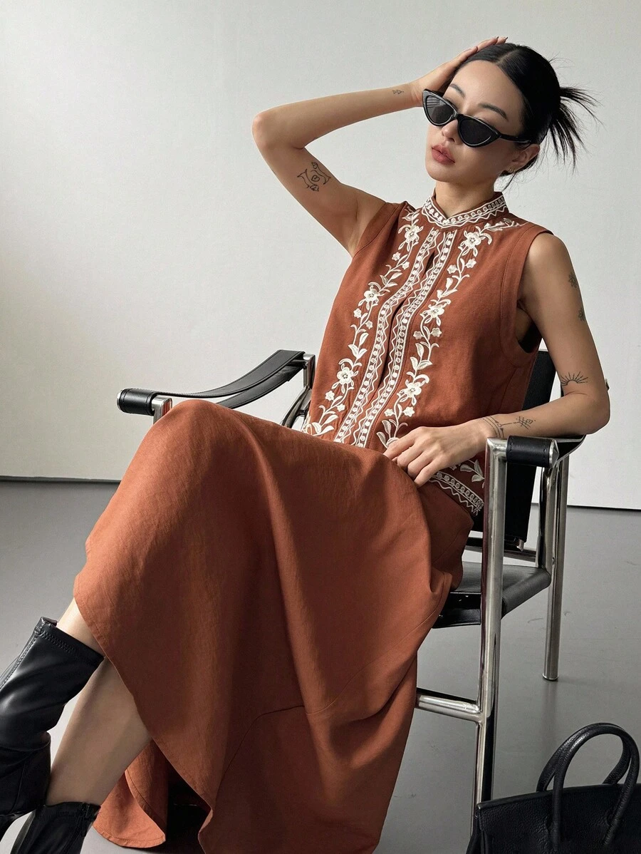 DAZY 女士夏季休闲刺绣领无袖上衣和半裙两件套家居服套装,女士短款套装 - 亮橙色 - 查看 1