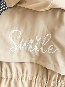 女童冬季新款拉链连帽仿毛领棉质外套，字母刺绣，修身腰部，罗纹袖口，时尚保暖加厚羽绒服，休闲百搭秋季外套 - 卡其色 - 查看 4