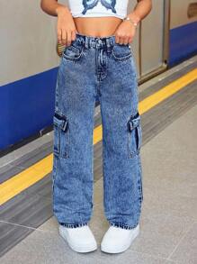 SHEIN 少女工装口袋阔腿宽松休闲牛仔裤 Y2K 水洗牛仔宽松牛仔裤 少女工装牛仔裤 秋冬 - 深色水洗藍 - 查看 3