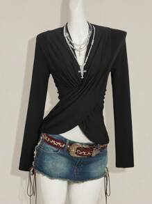 SHEIN ICON Women's Black Deep Draped Neck Criss-Cross Ruffle Trim Long Sleeve Sexy Slim Fit Blouse, Spring/Summer - Black - View 3