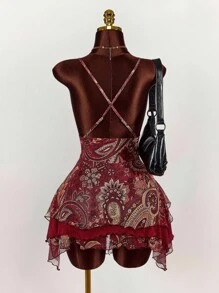 Amplova 女式节日撞色蕾丝花卉印花时尚细肩带迷你连衣裙 - 彩色 - 查看 4