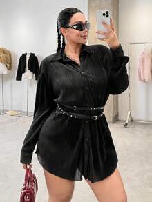 SHEIN EZwear Plus Size Satin Shiny Pleated Textured Fabric Loose Shirt Dress, Autumn - Black - View 5