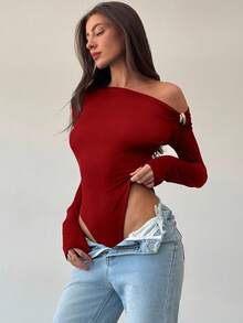 Aloruh 黑色精致现代单肩长袖扭纹金属装饰女式紧身衣 - 酒紅色 - 查看 7