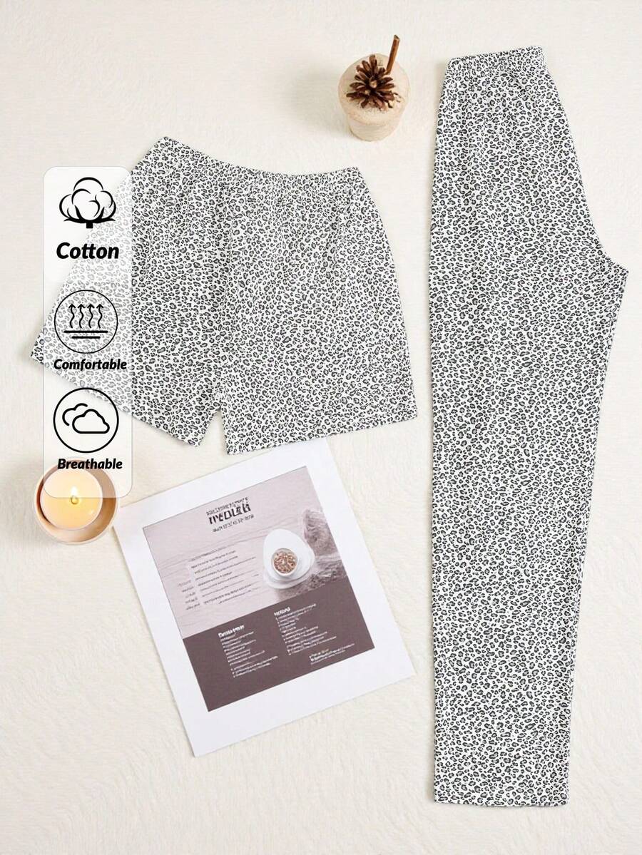 EURMUSE Spodnie i szorty damskie bawełniane, 2 szt., wzór w panterkę, z imitacją sznurka, do spania, odzież domowa