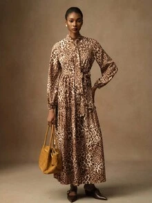 Lyxana Abito a campana con stampa leopardata classica, vita elastica, scollo a V, maniche a lanterna, versatile ed elegante, adatto a varie occasioni e fasce d'età - Multicolore - Visualizzare 5