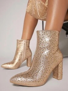 SHUZIA Botas con tacón en bloque y punta puntiaguda con estampado de diamantes de imitación - Champán - Ver 5