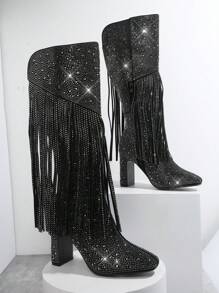 SHUZIA 鑲有水晶裝飾，側拉鍊粗跟靴，女性牛仔靴