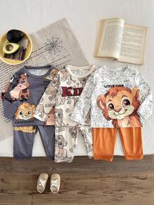 SHEIN 3 件套男童卡通狮子印花长袖套装，活力风格儿童休闲装，适合所有季节 - 彩色 - 查看 3