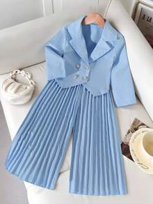 女童简约优雅西装外套，不对称下摆和高腰褶皱长裤套装，适合返校季穿着 - 藍色 - 查看 4