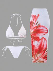 Swim Oasis Women's 3 Pieces Swimwear Set: Halter Spaghetti Strap Bikini Top, Side-Tie Bottoms And Long Mesh Coverup Skirt, Vacation/Beach Style, Summer