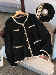 Franclia 大码女式黑色夹克，带有优雅的荷叶边，适合度假、约会和派对