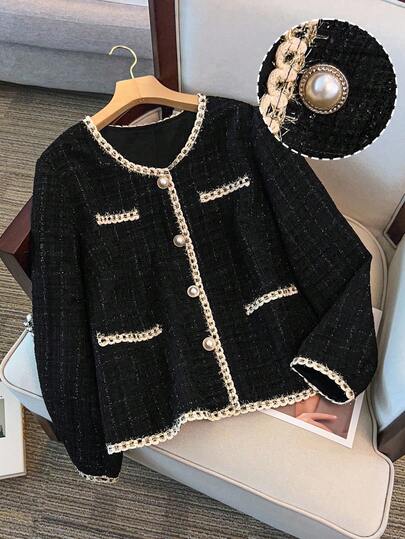 Franclia 大码女式黑色夹克，带有优雅的荷叶边，适合度假、约会和派对