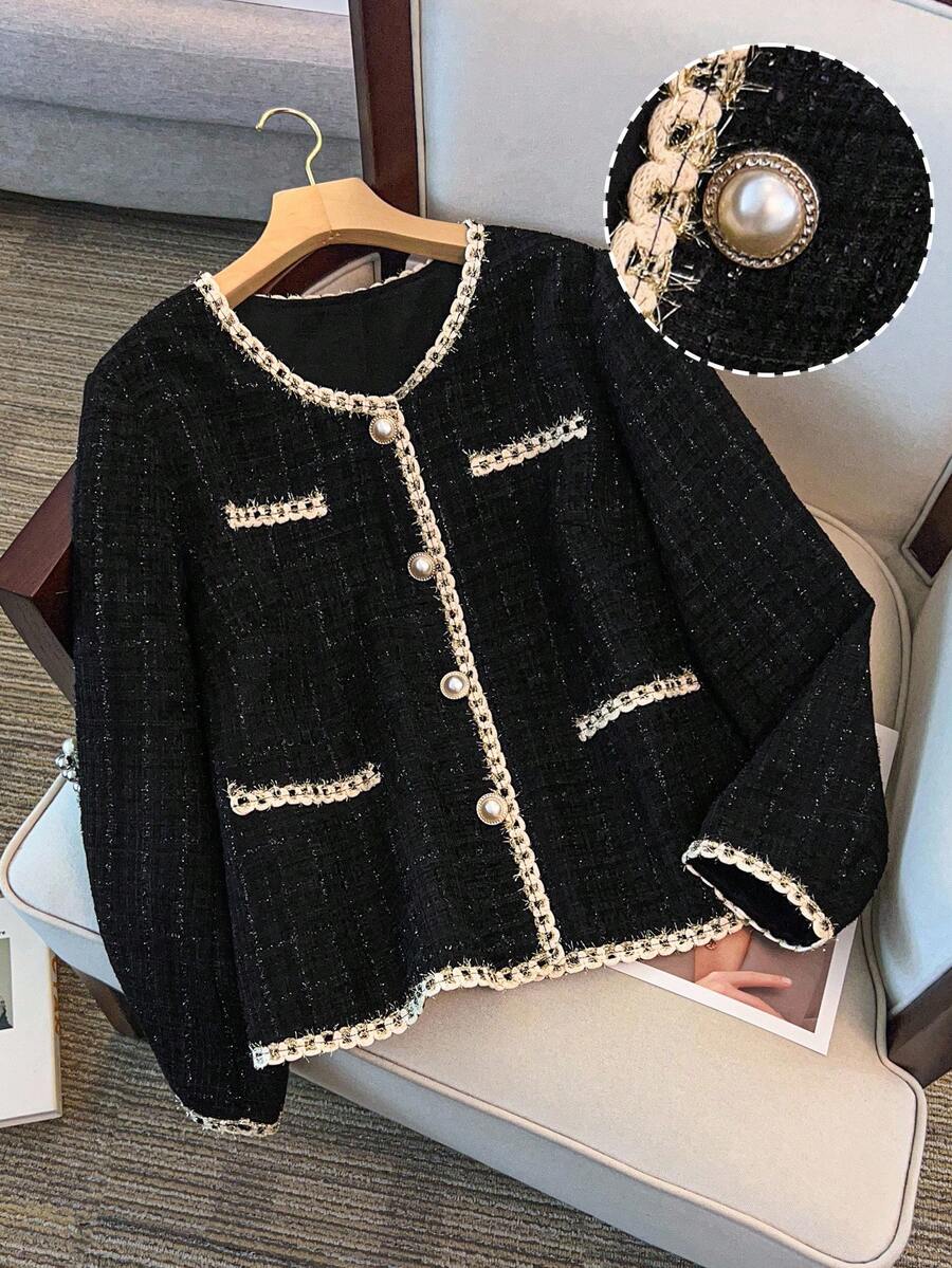 Franclia 大码女式黑色夹克，带有优雅的荷叶边，适合度假、约会和派对