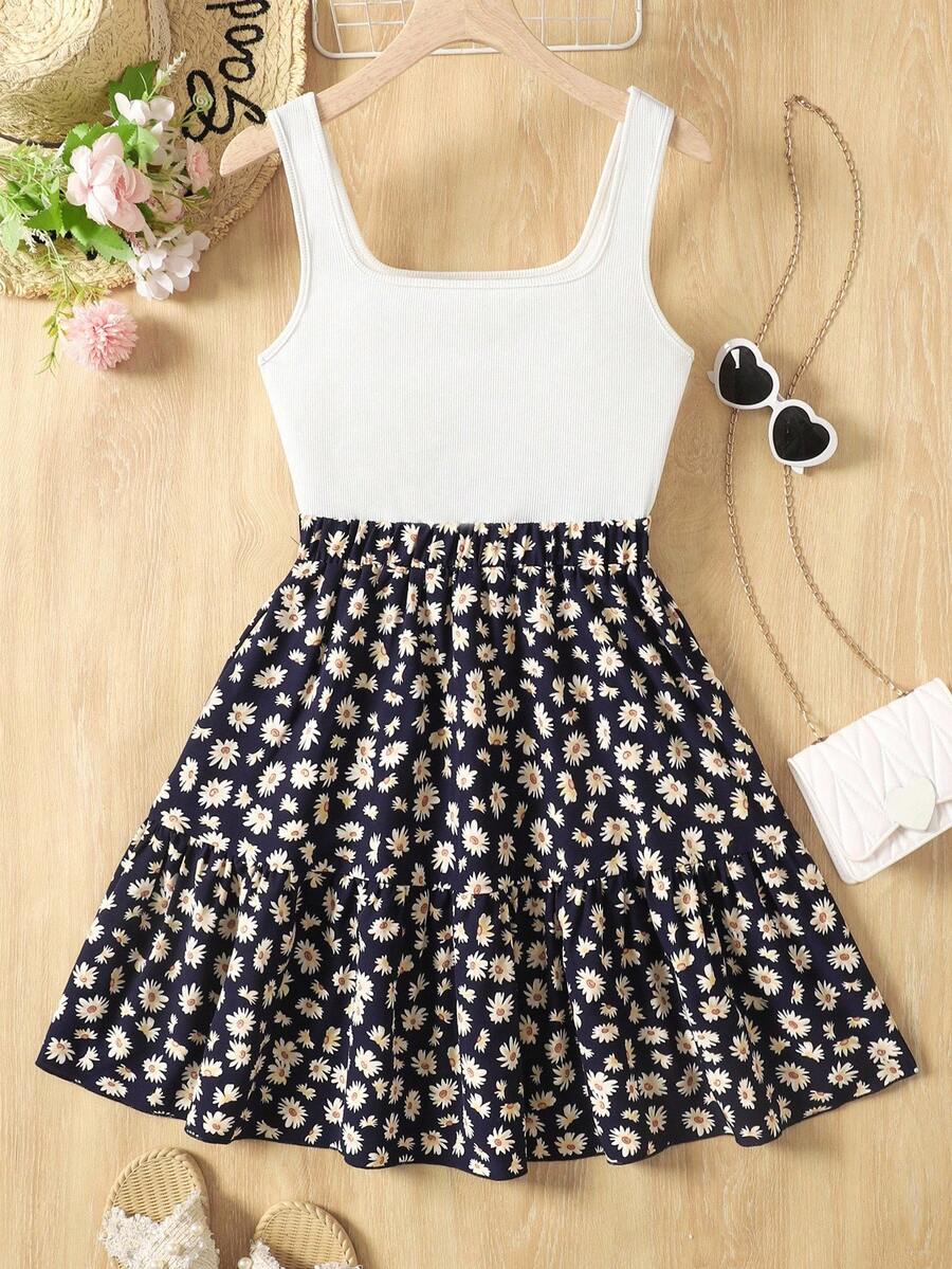 SHEIN 少女女孩黑色碎花针织拼布A字休闲度假连衣裙 - 寶藍色 - 查看 1