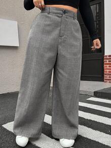 Muchica Plus Size Women Houndstooth Pattern Loose Straight Leg Casual/Office Pants Plaid Pants High Waisted Pants Gray Plaid Pants Wide Leg Pants In Fall/Winter Gray Pants