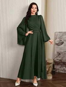 Modelyn 女士优雅纯色喇叭袖阿拉伯连衣裙，秋季长款晚礼服 - 軍綠色 - 查看 7