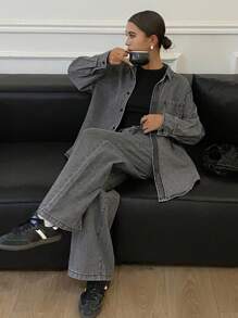 DAZY 秋冬新款宽松休闲做旧洗水女式牛仔套装 - 灰色 - 查看 7