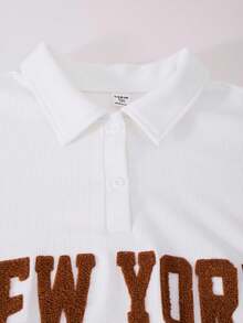 SHEIN Explorewe Conjunto Casuvi Kid Teen Girls de 2 peças: Camisa polo de manga comprida com bordado gráfico em inglês, estilo esportivo casual, polo de manga comprida em tecido canelado liso + calça de veludo cotelê com cordão, estilo retrô americano para outono/inverno. - Branco - Visão 6