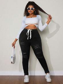 SHEIN SXY Quần Jeans Co Giãn Đa Năng Cỡ Lớn Mùa Đông - màu đen - Xem 5