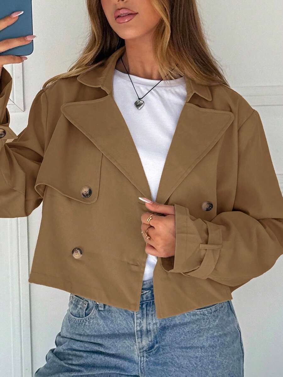 SHEIN EZwear 秋冬女士休闲宽松驼色梭织长袖纽扣夹克 - 駝色 - 查看 1