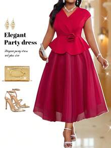 Fleurora Red Spring Elegant Formal Party Women Plus Size 3D Rose Contrast Mesh Batwing Sleeve Midi Dress,Wedding Guest Birthday Valentine's Day Church Outfits - Red - View 3