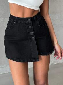 EURMUSE 100%Cotton SHORT WITH SKIRT BUTTON RAW EDGE - Black - View 6