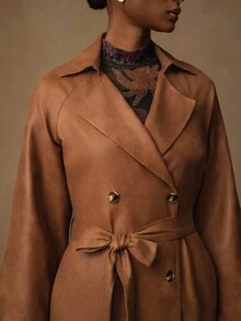 Lyxana Suede Waist Wrap Casual Long Women Regular Jacket - Brown - View 7