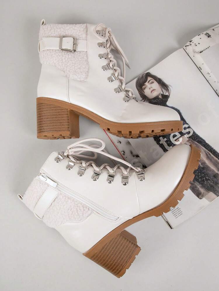 Vegan Leather Lace-Up Faux Shearling Ankle Boots