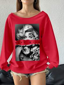 SHEIN EZwear 秋冬大码女式宽松休闲简约肖像印花露肩长袖连帽卫衣