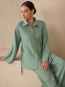 Graceveil 2pcs Casual Solid Color Cinched Waist Textured Fabric Shirt And Pants Set Co-Ords Fall Cloth For Women - Green - View 7