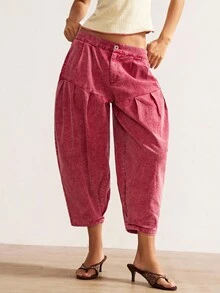 Bohemela 波西米亚风女式休闲纯色复古红色梭织宽松低腰锥形及踝长时尚秋季宽松哈伦裤，复古西部乡村风格音乐会度假，返校，适合秋冬 - 紅色 - 查看 5